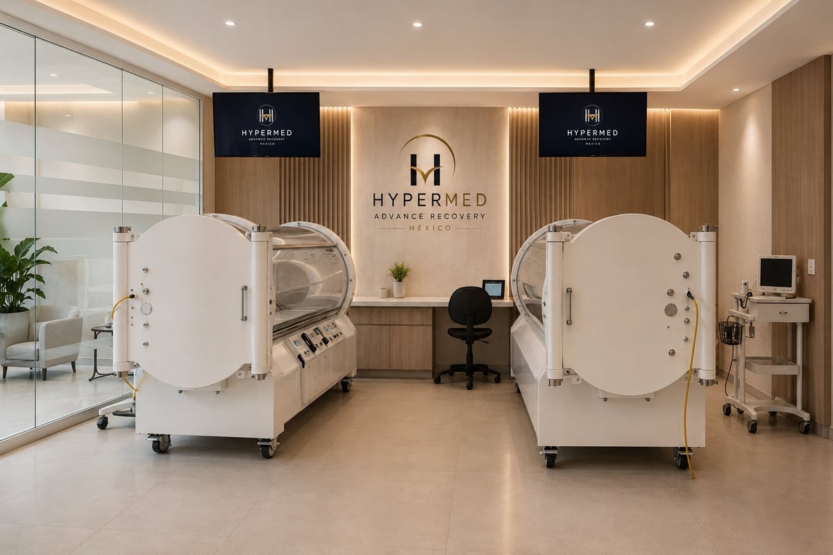 Sala de tratamiento de spa médico Hypermed con dos cámaras de oxígeno hiperbárico, mobiliario moderno y señalización de marca en las paredes