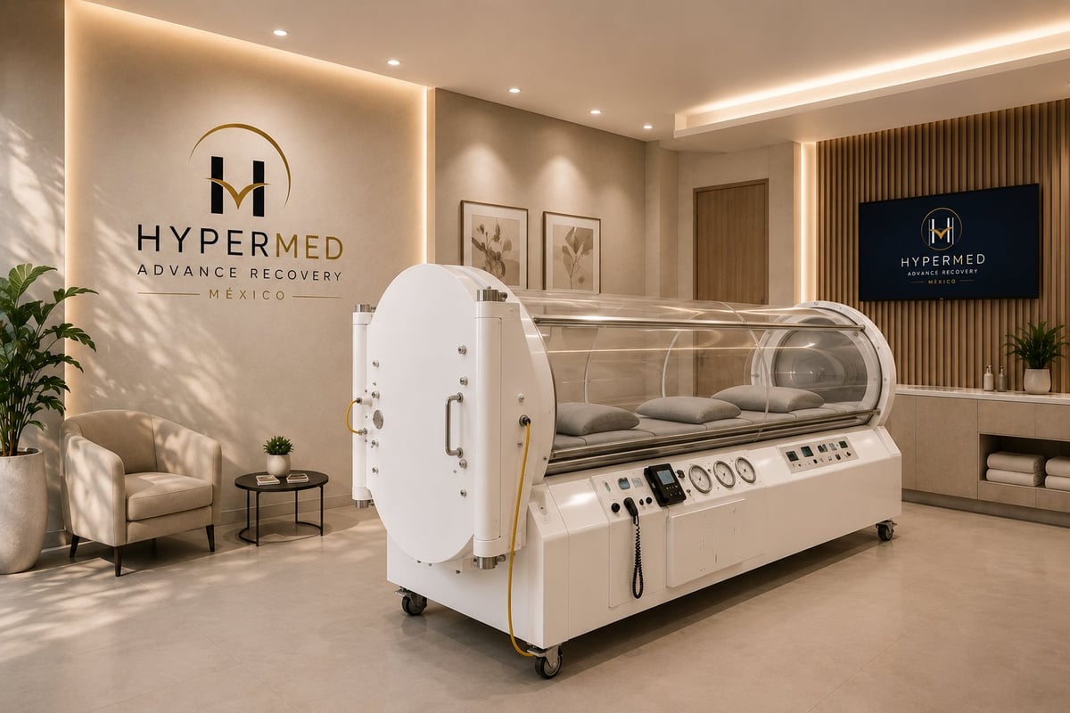 Sala de medicina hiperbárica HYPERMED con cámara de oxígeno hiperbárico, interior moderno con mobiliario beige y branding institucional